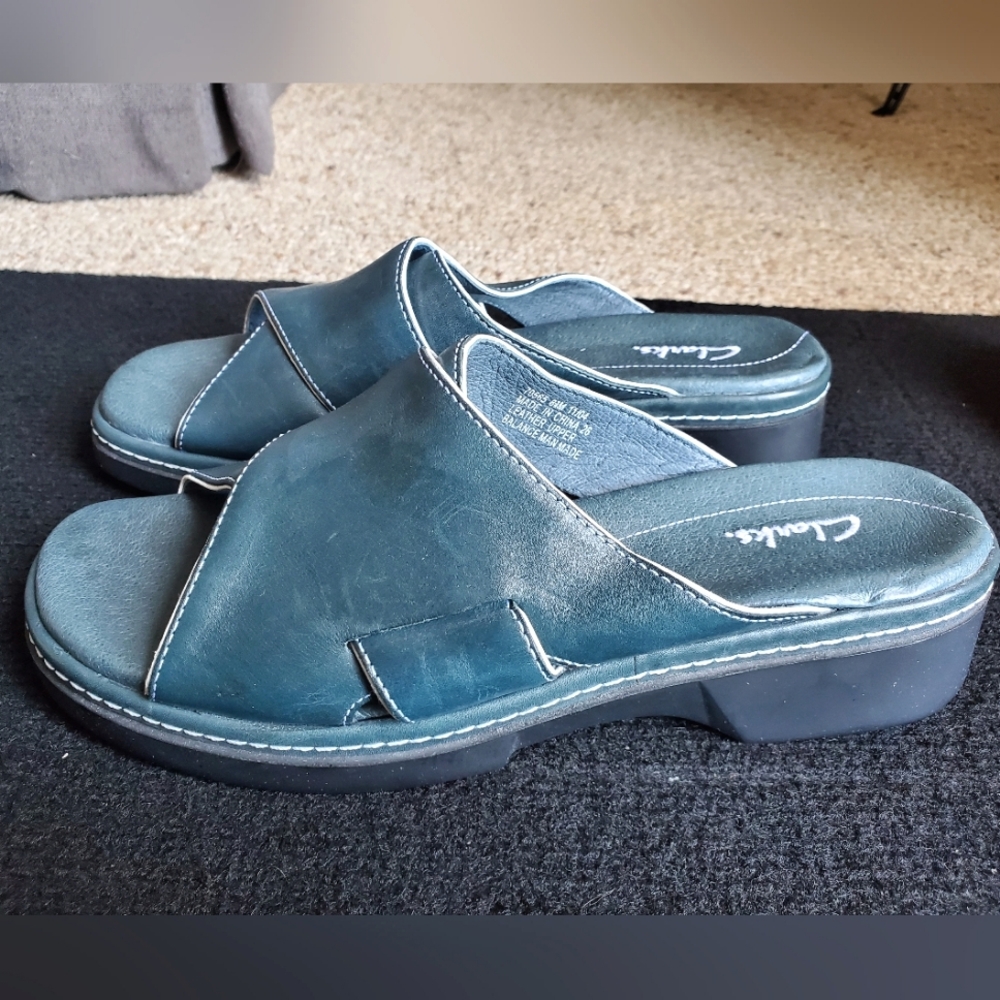 Clarks blue leather slides size 8.5M